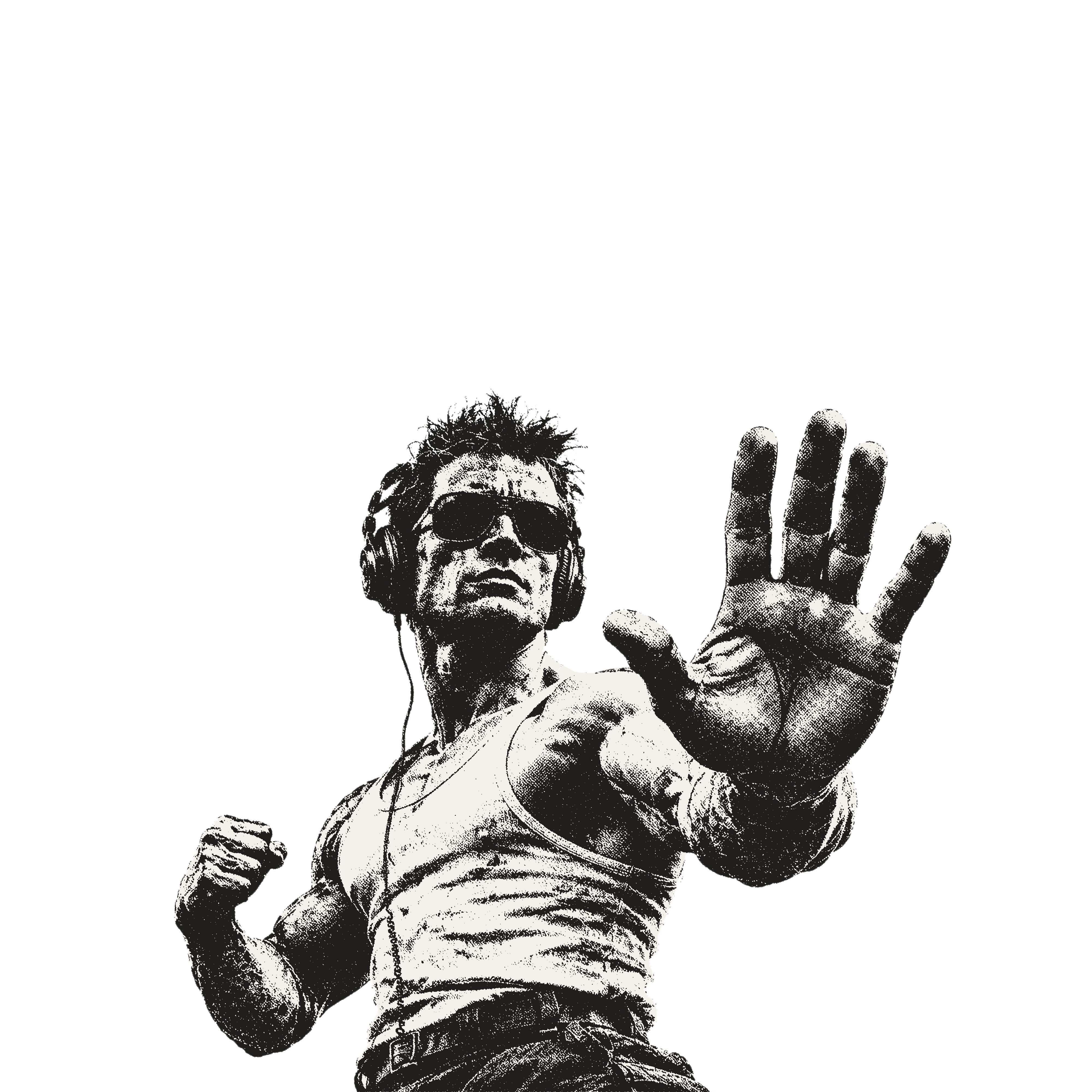 Halftone illustration of a man in headphones and sunglasses holding up an open palm