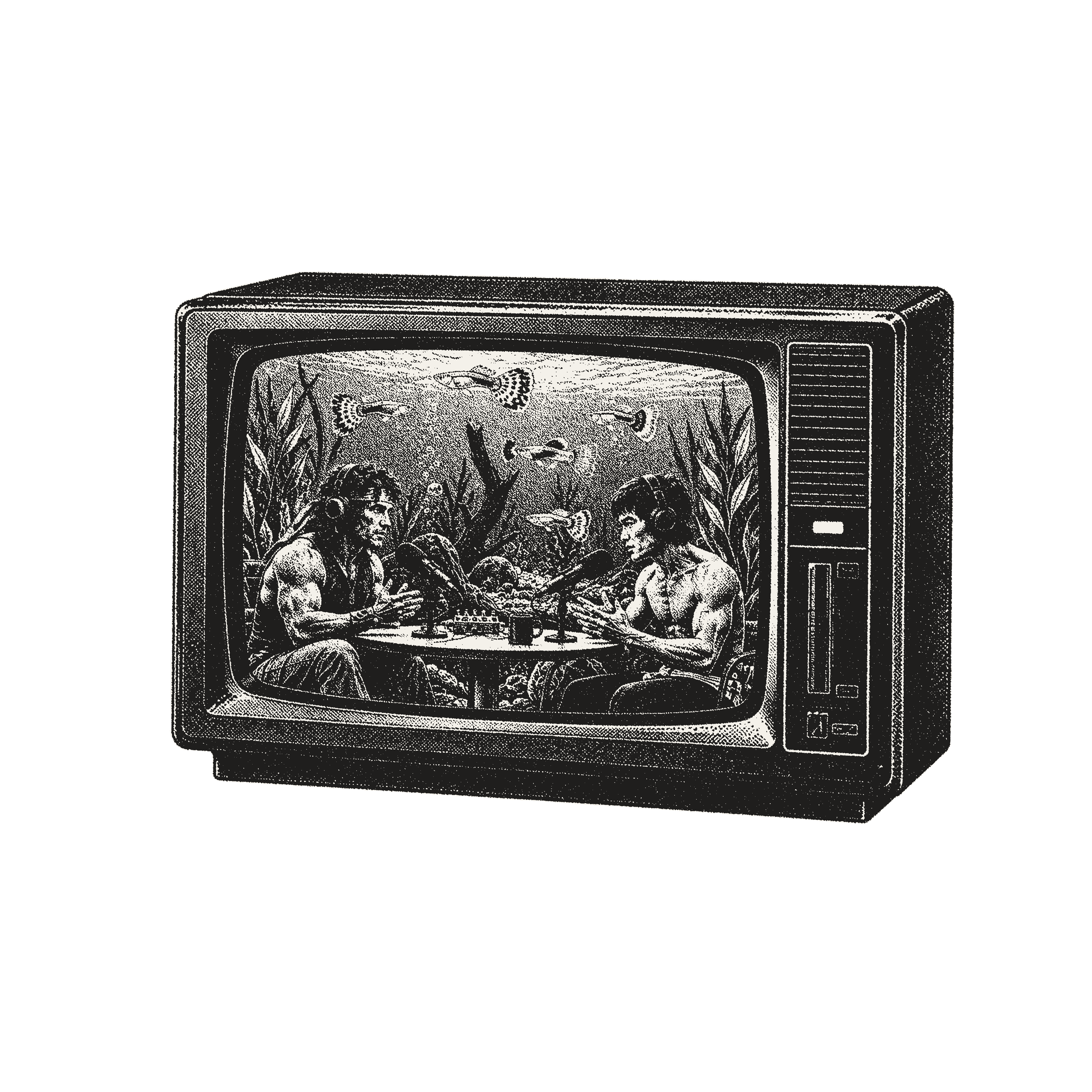 A vintage CRT television showing two action heroes recording a podcast in a guppy aquarium